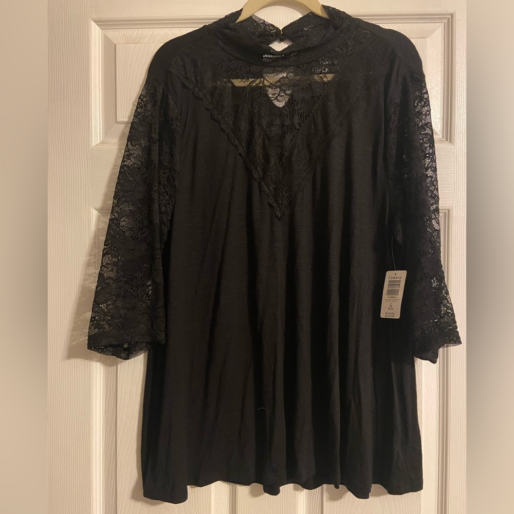 Torrid Black Lace Sleeve High Neck Top - Size 2